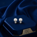 Dainty White Polish White Pearl & CZ Stud Earrings in Silver Tone | Pearl Earrings for Women | Krishna Pearls & Jewellers
