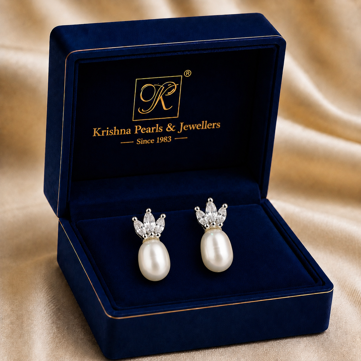 White Polish Freshwater Pearl Stud Earrings in White Gold / Rhodium | Pearl Earrings for Women | Krishna Pearls & Jewellers