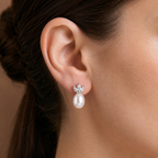 White Polish Freshwater Pearl Stud Earrings in White Gold / Rhodium | Pearl Earrings for Women | Krishna Pearls & Jewellers
