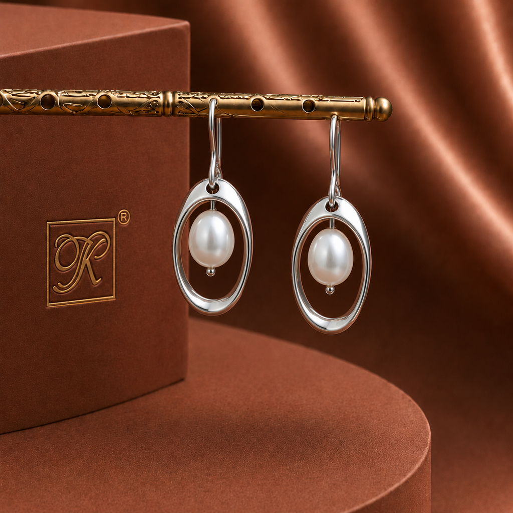 Contemporary White Polish White Pearl Drop Earrings in Silver Tone | Pearl Earrings for Women | Krishna Pearls & Jewellers