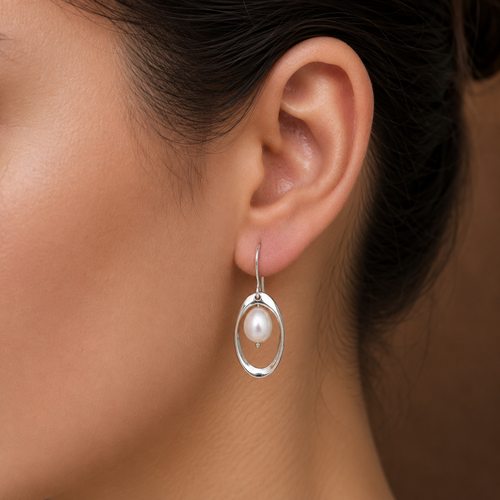 Contemporary White Polish White Pearl Drop Earrings in Silver Tone | Pearl Earrings for Women | Krishna Pearls & Jewellers