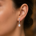 Floral White Polish Freshwater Pearl & CZ Drop Earrings in Silver Tone | Pearl Earrings for Women | Krishna Pearls & Jewellers