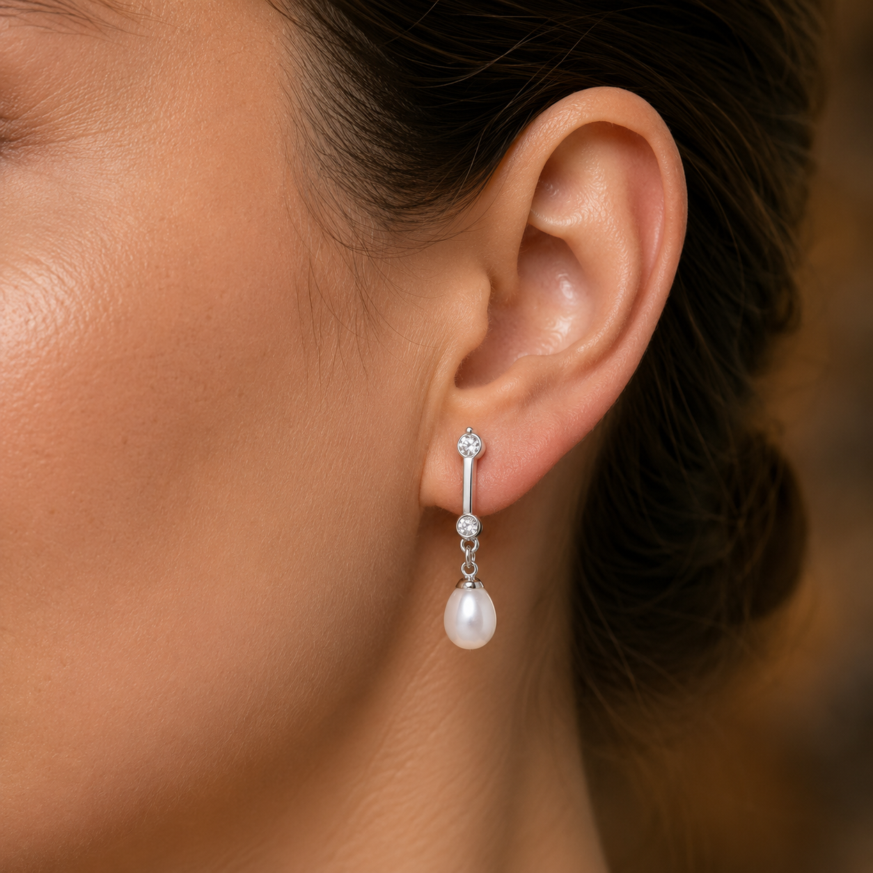 Floral White Polish Freshwater Pearl & CZ Drop Earrings in Silver Tone | Pearl Earrings for Women | Krishna Pearls & Jewellers