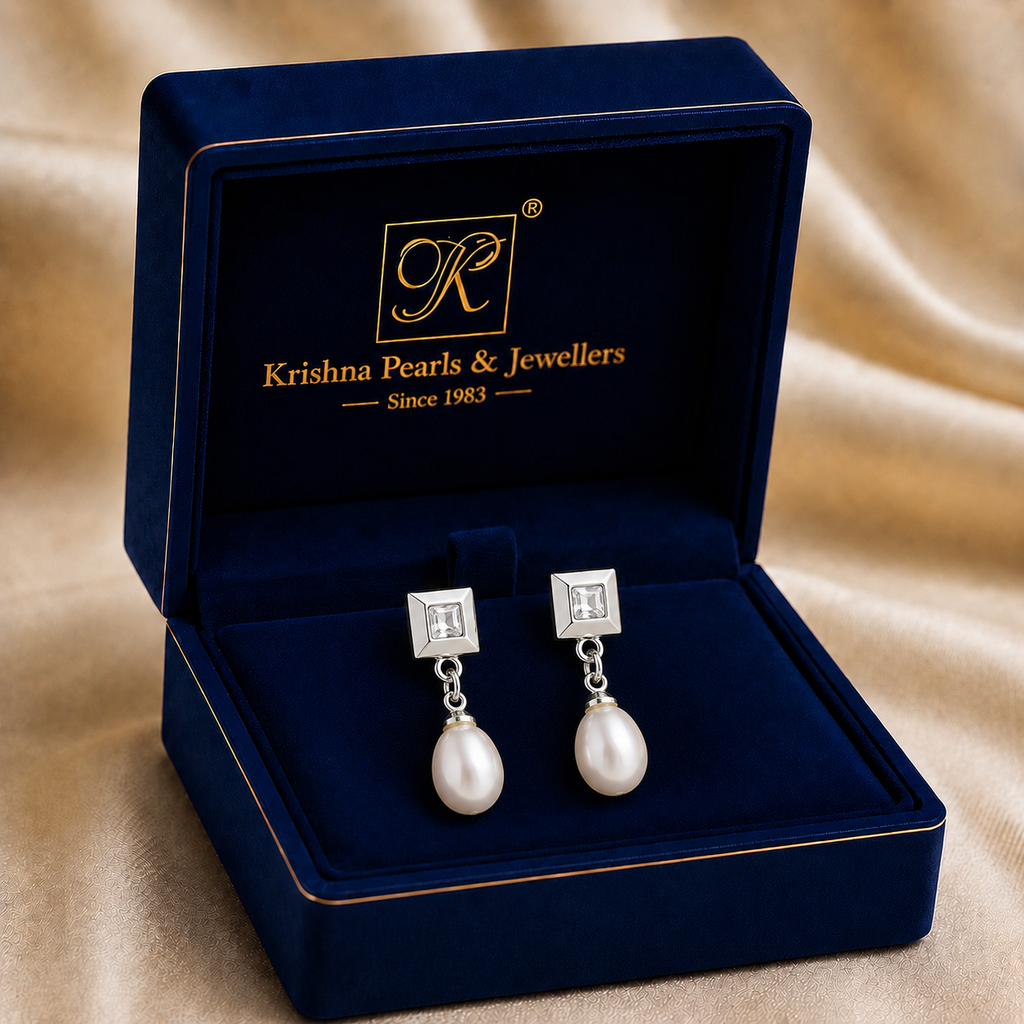 Artistic White Polish White Pearl & CZ Drop Earrings in Silver Tone | Pearl Earrings for Women | Krishna Pearls & Jewellers