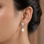 Artistic White Polish White Pearl & CZ Drop Earrings in Silver Tone | Pearl Earrings for Women | Krishna Pearls & Jewellers