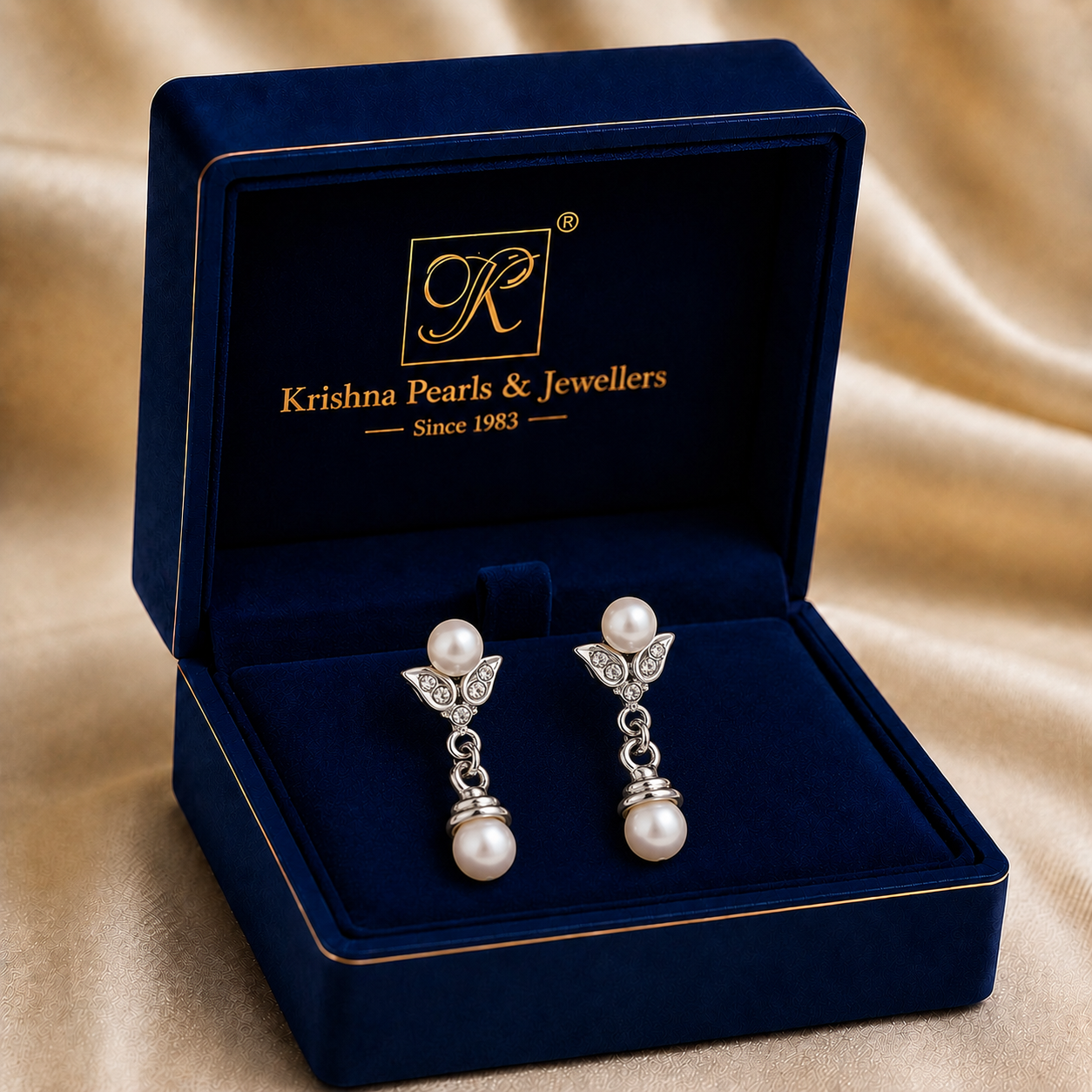 Graceful White Polish White Pearl & CZ Drop Earrings in Silver Tone | Pearl Earrings for Women | Krishna Pearls & Jewellers