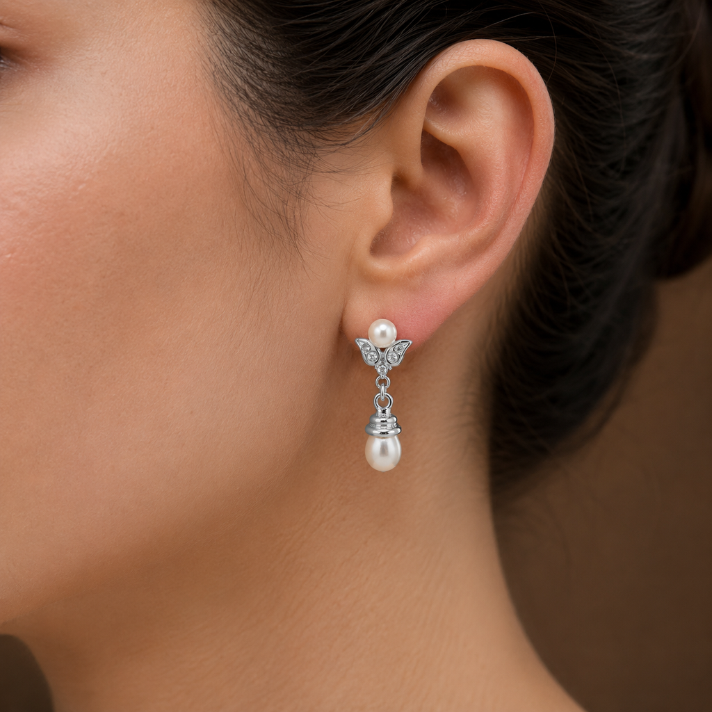 Graceful White Polish White Pearl & CZ Drop Earrings in Silver Tone | Pearl Earrings for Women | Krishna Pearls & Jewellers