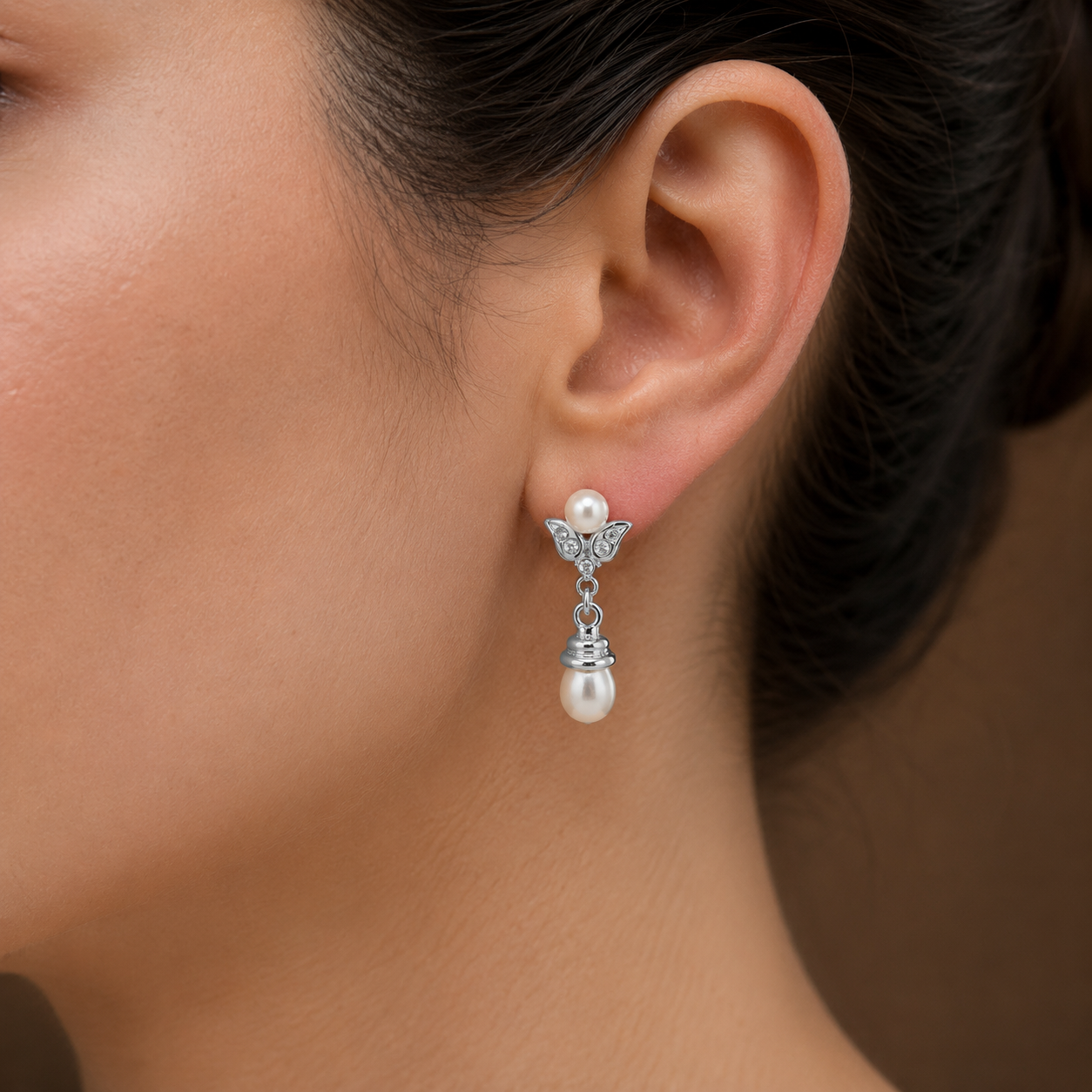 Graceful White Polish White Pearl & CZ Drop Earrings in Silver Tone | Pearl Earrings for Women | Krishna Pearls & Jewellers