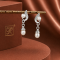 Classic White Polish White Pearl & CZ Drop Earrings in Silver Tone | Pearl Earrings for Women | Krishna Pearls & Jewellers