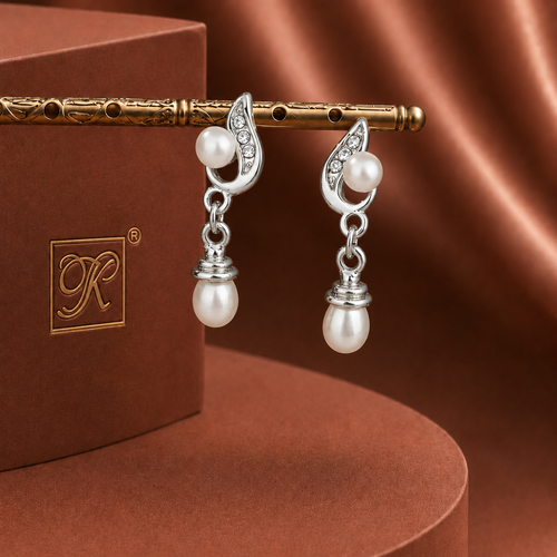 Classic White Polish White Pearl & CZ Drop Earrings in Silver Tone | Pearl Earrings for Women | Krishna Pearls & Jewellers