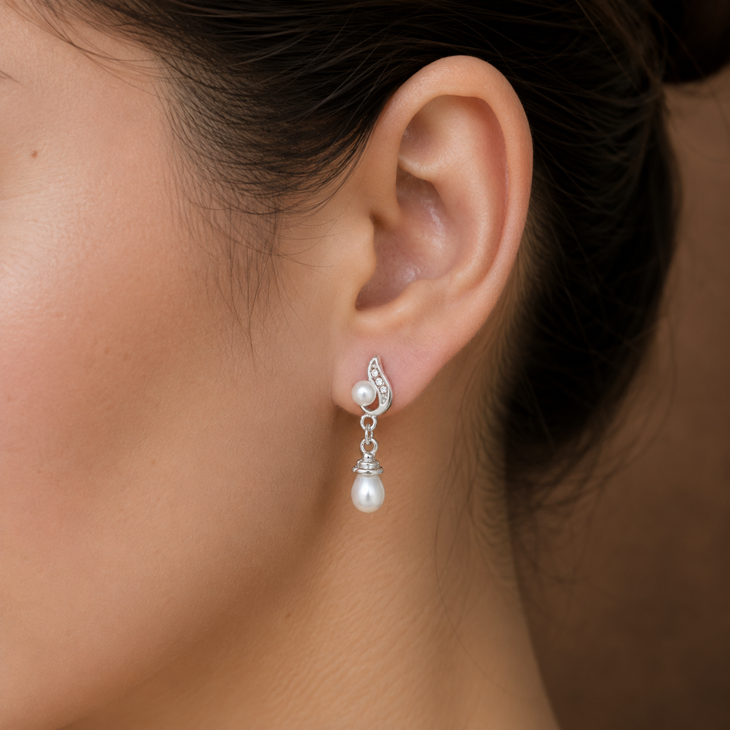 Classic White Polish White Pearl & CZ Drop Earrings in Silver Tone | Pearl Earrings for Women | Krishna Pearls & Jewellers