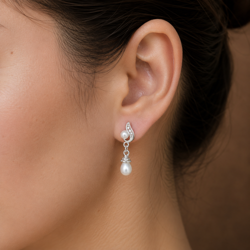 Classic White Polish White Pearl & CZ Drop Earrings in Silver Tone | Pearl Earrings for Women | Krishna Pearls & Jewellers