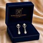 Vintage White Polish White Pearl & CZ Drop Earrings in Silver Tone | Pearl Earrings for Women | Krishna Pearls & Jewellers