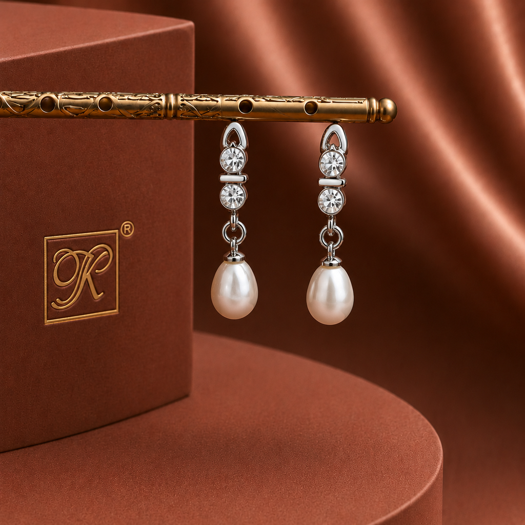 Floral Freshwater Pearl & CZ Drop Earrings in Gold | Pearl Earrings for Women | Krishna Pearls & Jewellers
