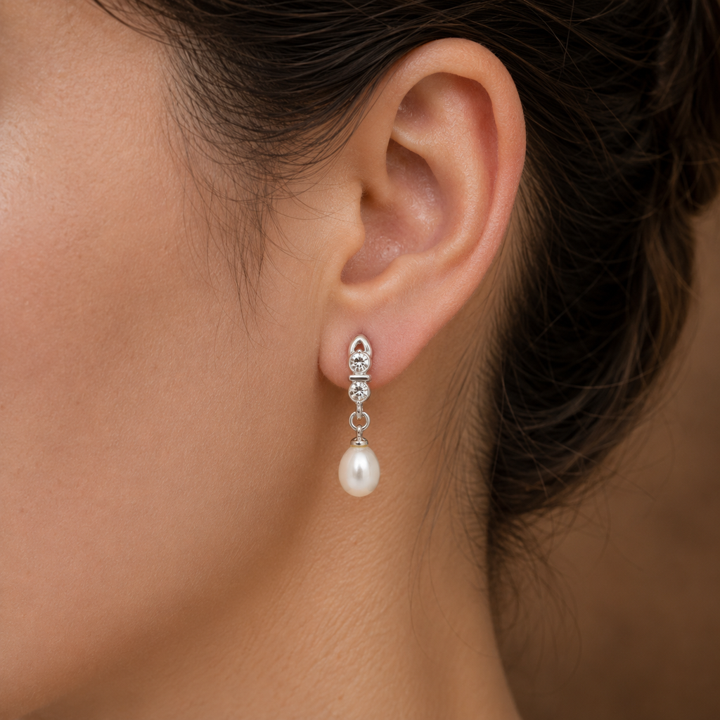 Floral Freshwater Pearl & CZ Drop Earrings in Gold | Pearl Earrings for Women | Krishna Pearls & Jewellers