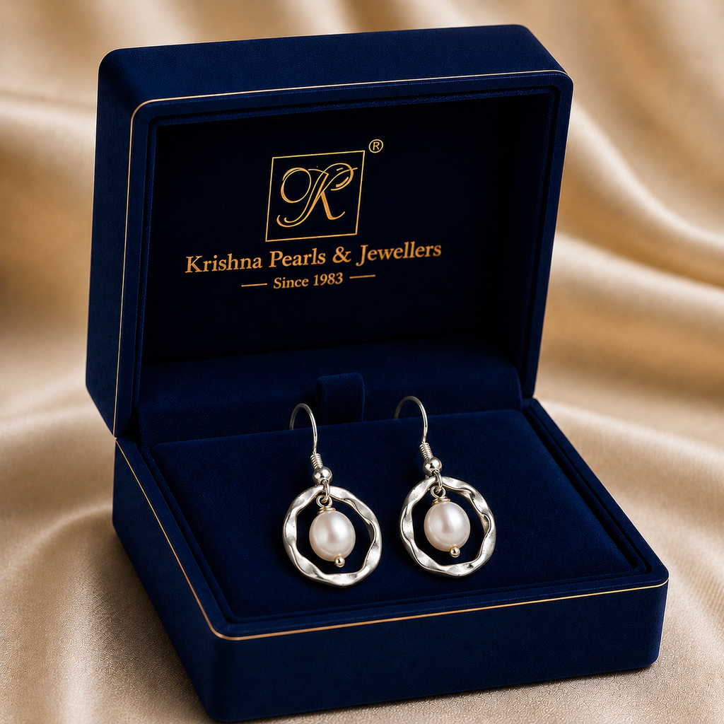 White Polish Freshwater Pearl Hanging Drop Earrings in White Gold / Rhodium | Pearl Earrings for Women | Krishna Pearls & Jewellers