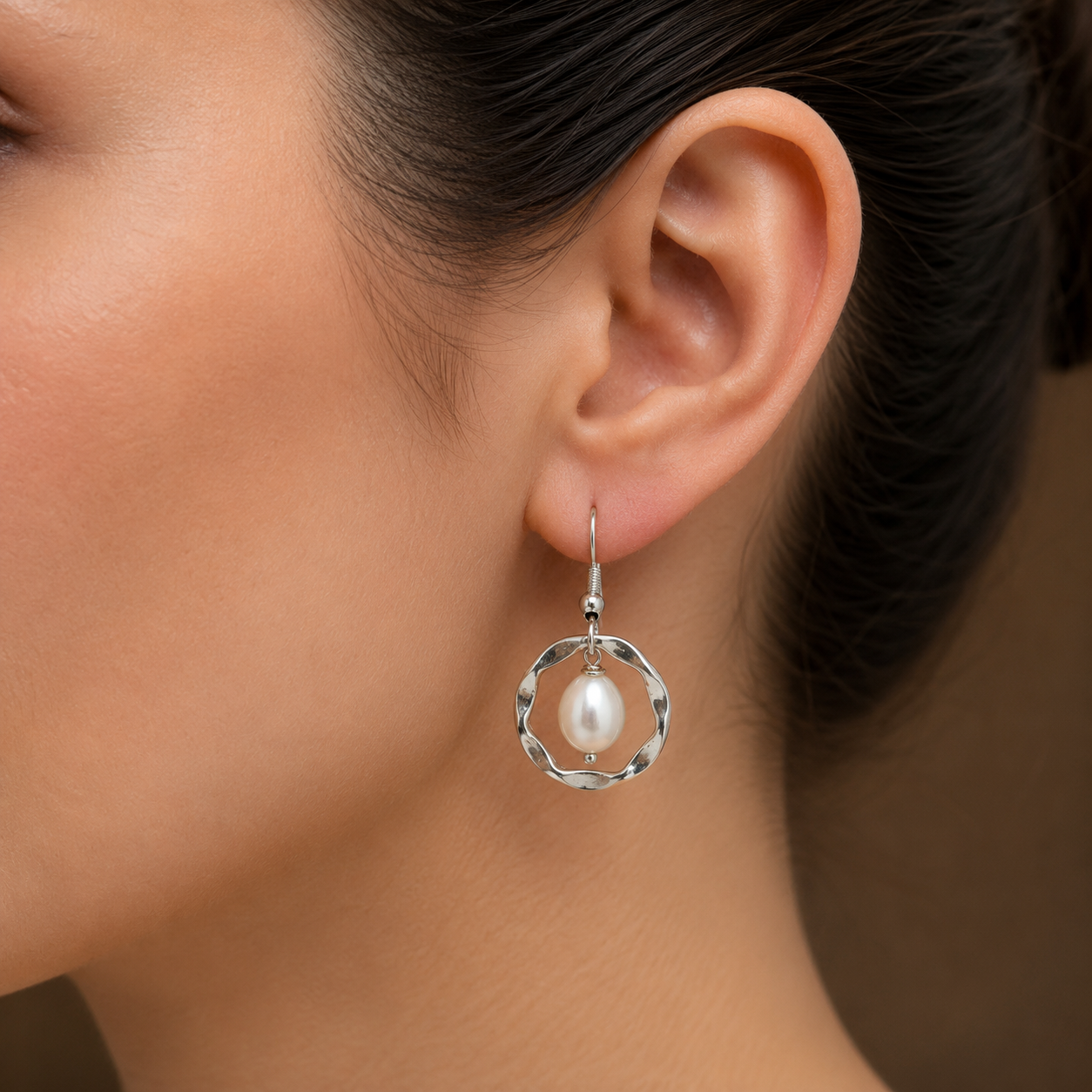 White Polish Freshwater Pearl Hanging Drop Earrings in White Gold / Rhodium | Pearl Earrings for Women | Krishna Pearls & Jewellers