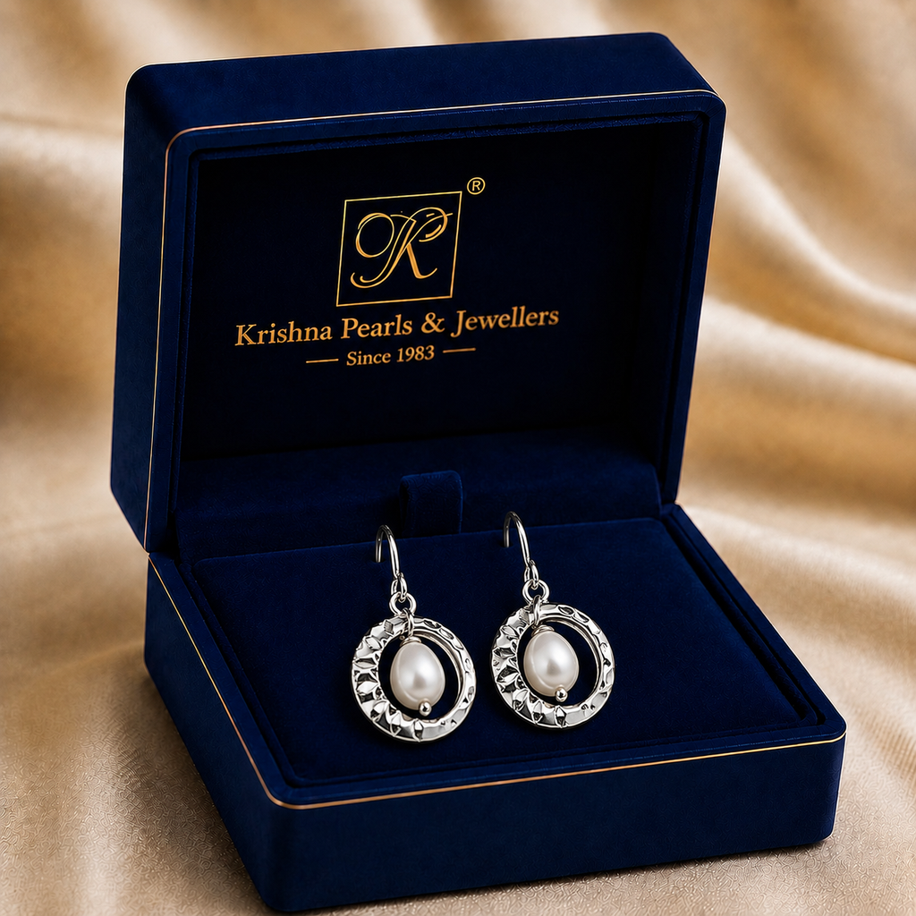 Statement White Polish White Pearl Drop Earrings in Silver Tone | Pearl Earrings for Women | Krishna Pearls & Jewellers
