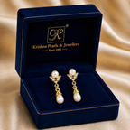 Classic White Pearl & CZ Drop Earrings in Gold | Pearl Earrings for Women | Krishna Pearls & Jewellers