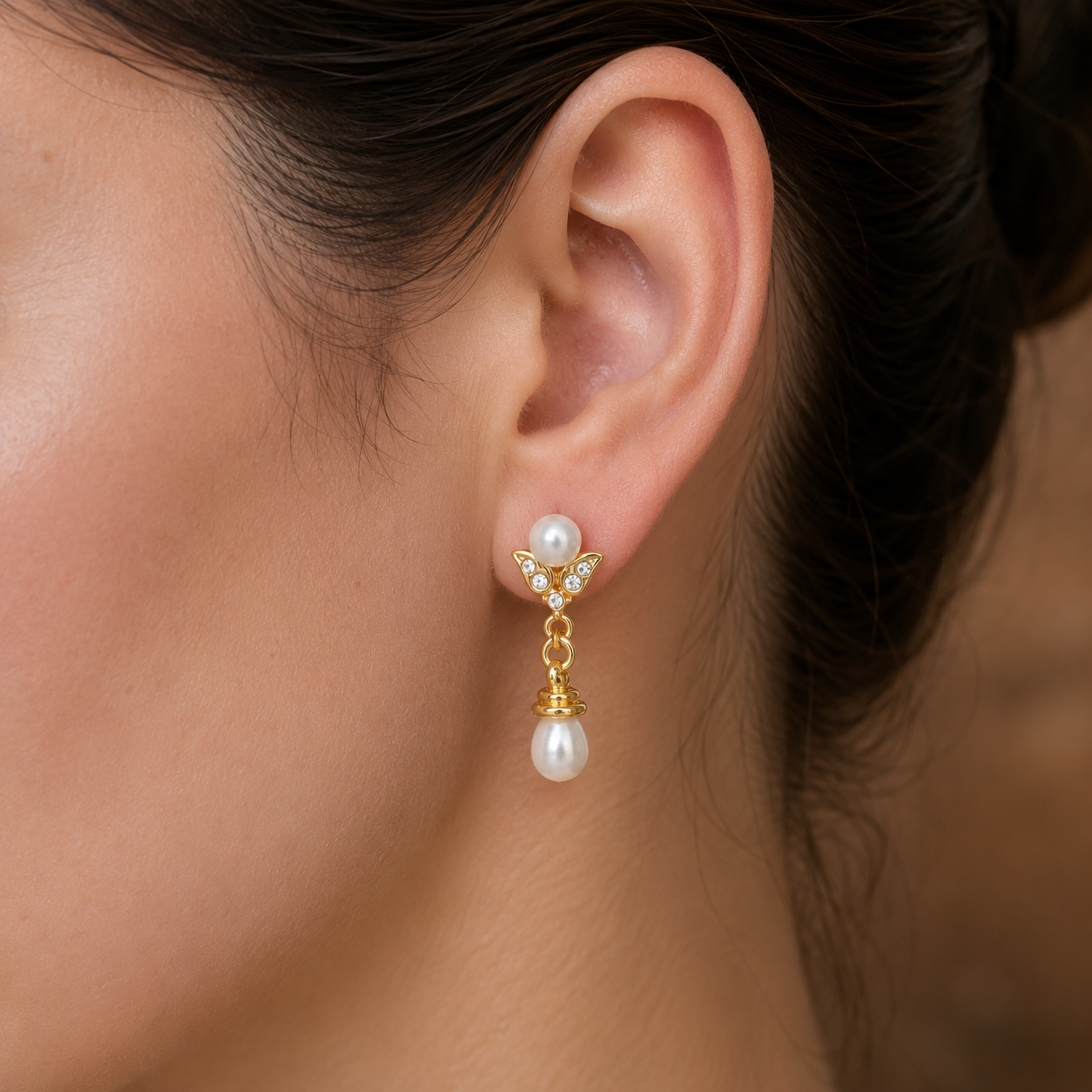 Classic White Pearl & CZ Drop Earrings in Gold | Pearl Earrings for Women | Krishna Pearls & Jewellers