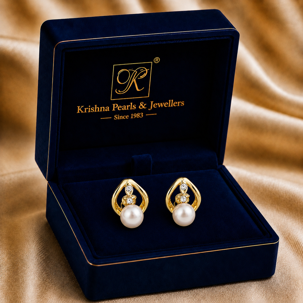 Classic Freshwater Pearl Stud Earrings in Gold | Pearl Earrings for Women | Krishna Pearls & Jewellers