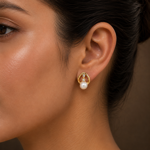 Classic Freshwater Pearl Stud Earrings in Gold | Pearl Earrings for Women | Krishna Pearls & Jewellers