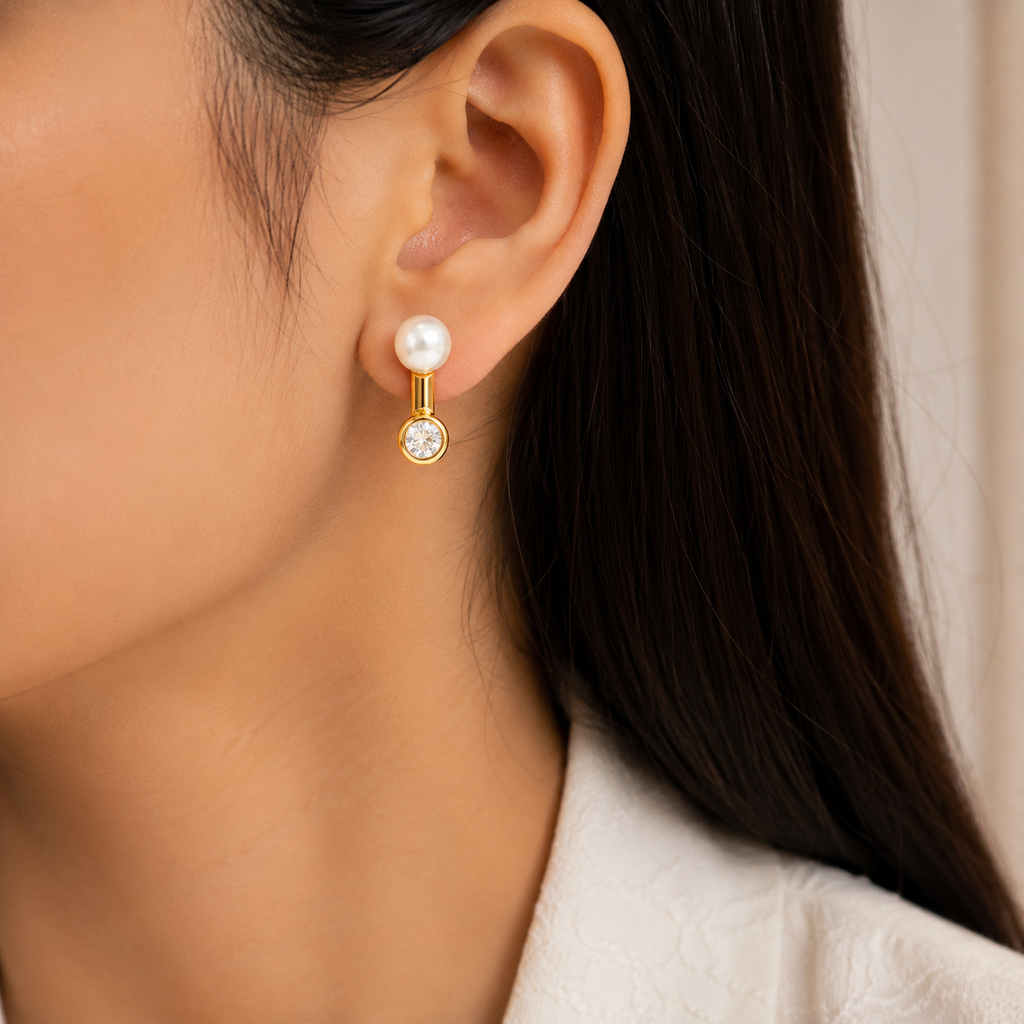 Pearl & Crystal Gold-Tone Drop Earrings for Women - Krishna Pearls and Jewellers