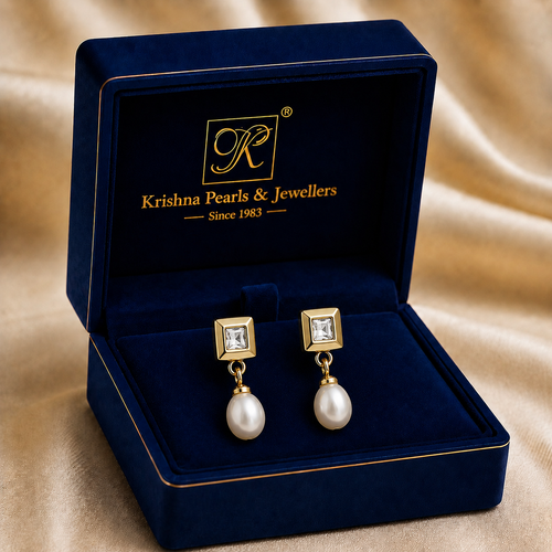 Chic White Pearl & CZ Drop Earrings in Gold | Pearl Earrings for Women | Krishna Pearls & Jewellers