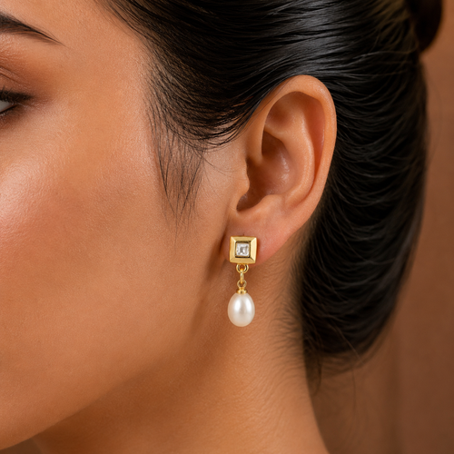 Chic White Pearl & CZ Drop Earrings in Gold | Pearl Earrings for Women | Krishna Pearls & Jewellers