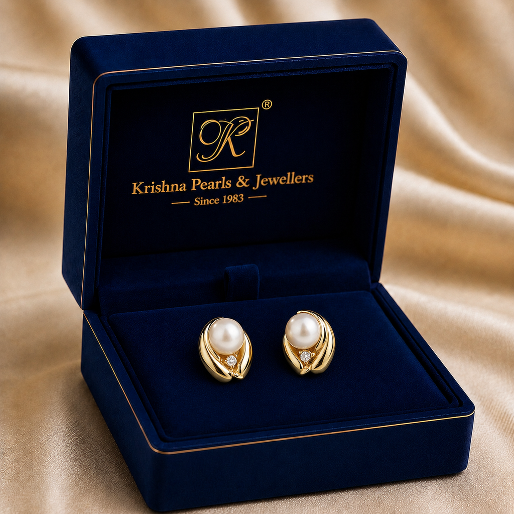 Minimalist Freshwater Pearl & CZ Stud Earrings in Gold | Pearl Earrings for Women | Krishna Pearls & Jewellers