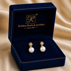 Floral White Pearl & CZ Stud Earrings in Gold | Pearl Earrings for Women | Krishna Pearls & Jewellers