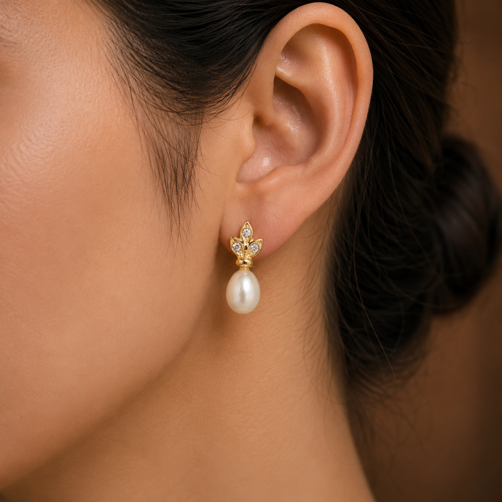Refined Freshwater Pearl Stud Earrings in Gold | Pearl Earrings for Women | Krishna Pearls & Jewellers