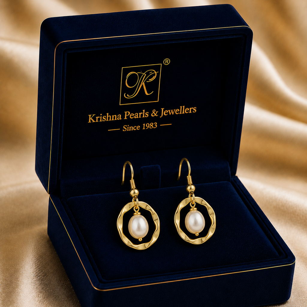 Contemporary White Pearl Drop Earrings in Gold | Pearl Earrings for Women | Krishna Pearls & Jewellers