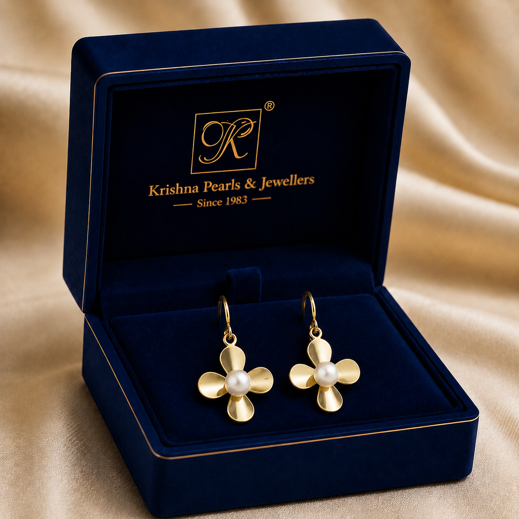 Luxe White Pearl Drop Earrings in Gold | Pearl Earrings for Women | Krishna Pearls & Jewellers