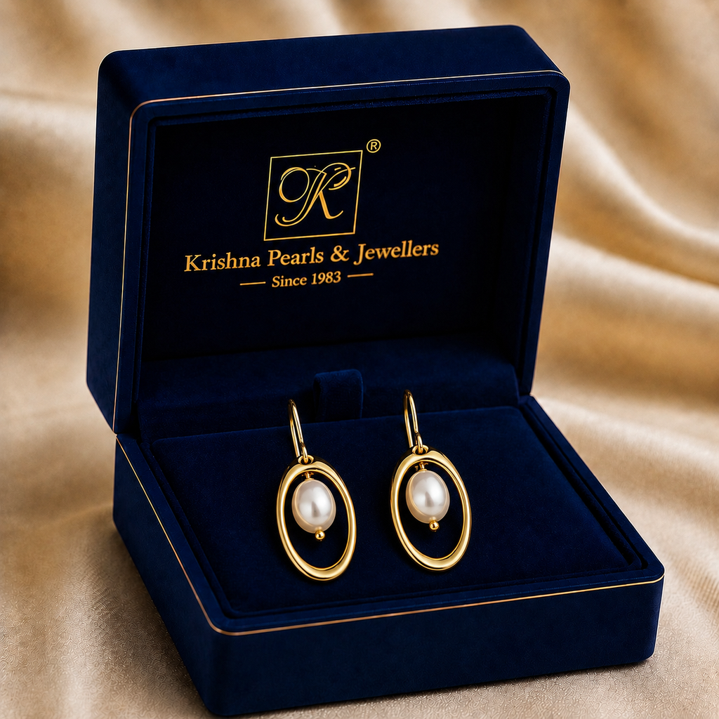 Designer White Pearl Drop Earrings in Gold | Pearl Earrings for Women | Krishna Pearls & Jewellers