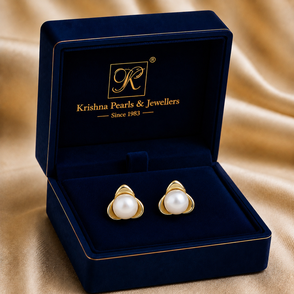 Timeless Freshwater Pearl Stud Earrings in Gold | Pearl Earrings for Women | Krishna Pearls & Jewellers