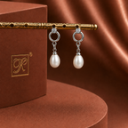 Statement White Polish White Pearl & CZ Drop Earrings in Silver Tone | Pearl Earrings for Women | Krishna Pearls & Jewellers