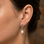 Statement White Polish White Pearl & CZ Drop Earrings in Silver Tone | Pearl Earrings for Women | Krishna Pearls & Jewellers