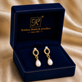 Luxe White Pearl & CZ Drop Earrings in Gold | Pearl Earrings for Women | Krishna Pearls & Jewellers