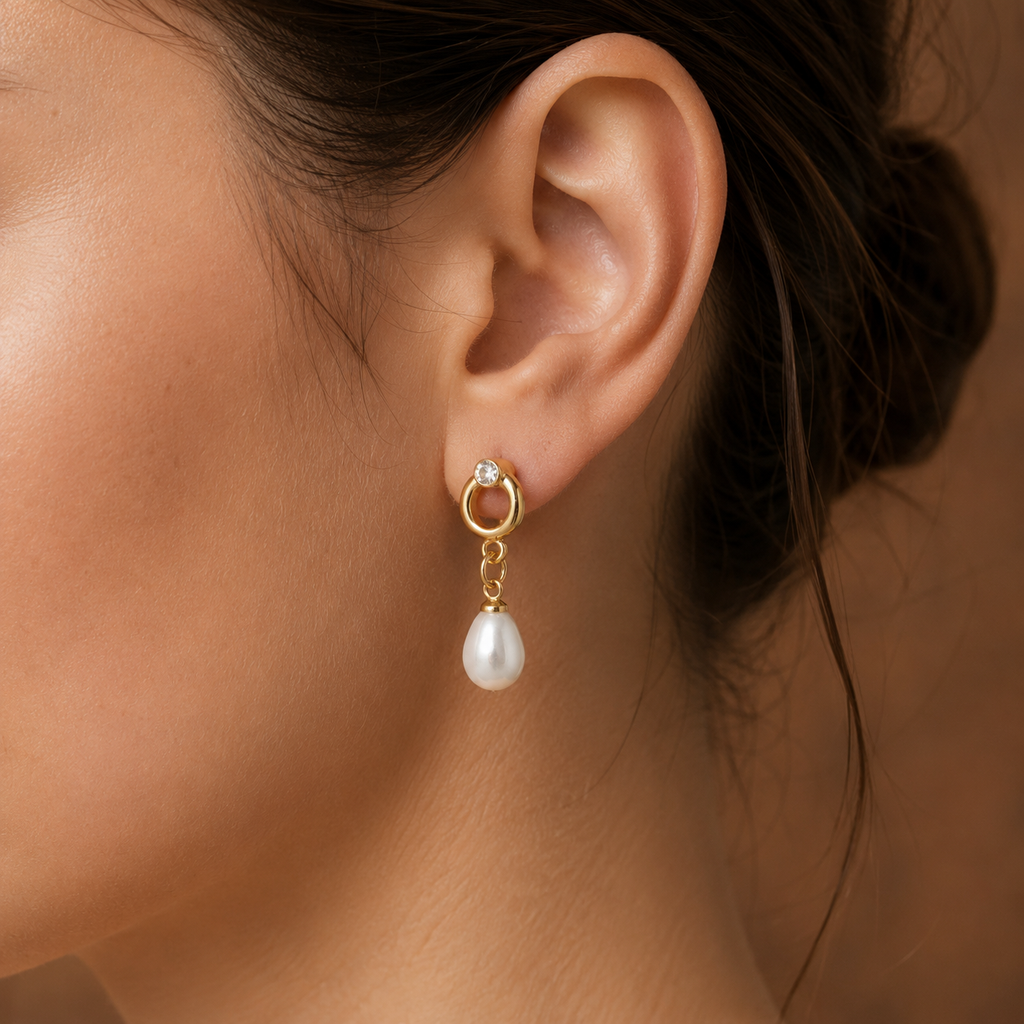 Luxe White Pearl & CZ Drop Earrings in Gold | Pearl Earrings for Women | Krishna Pearls & Jewellers