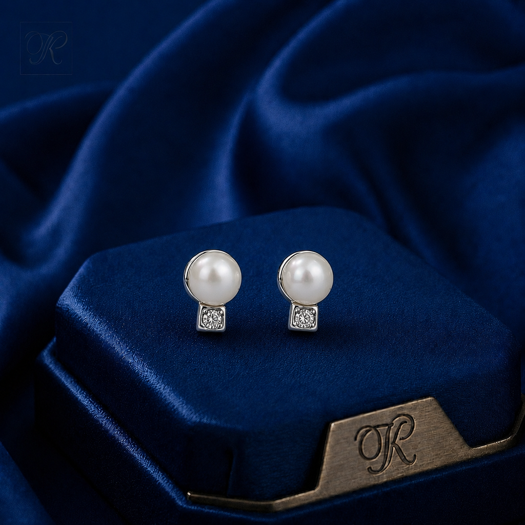 Chic White Polish White Pearl & CZ Stud Earrings in Silver Tone | Pearl Earrings for Women | Krishna Pearls & Jewellers