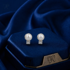Chic White Polish White Pearl & CZ Stud Earrings in Silver Tone | Pearl Earrings for Women | Krishna Pearls & Jewellers
