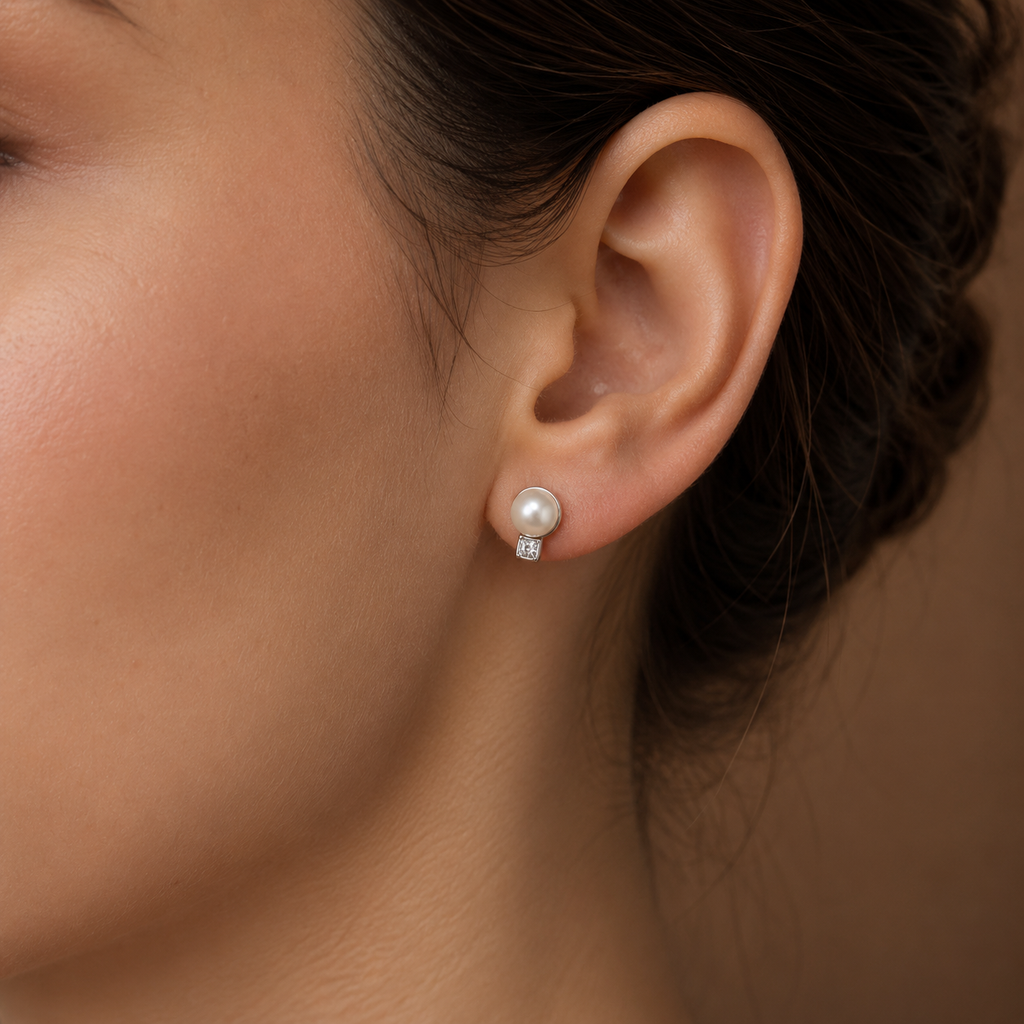 Chic White Polish White Pearl & CZ Stud Earrings in Silver Tone | Pearl Earrings for Women | Krishna Pearls & Jewellers