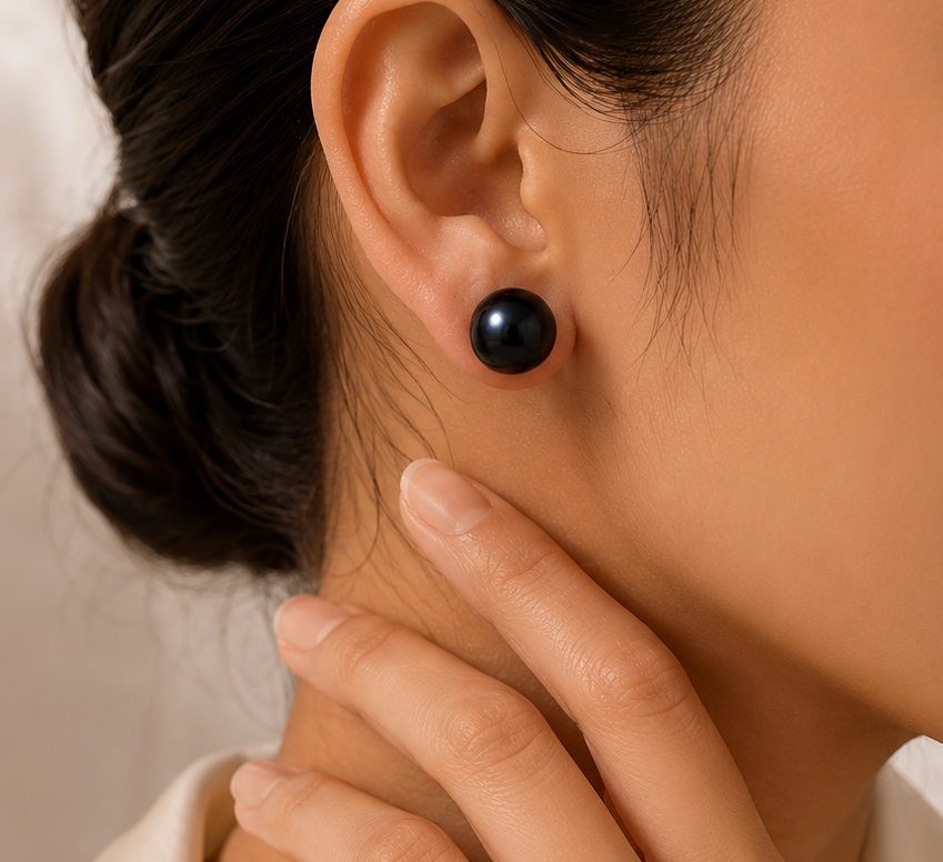 Midnight Elegance Black Pearl Stud Earrings | Krishna Pearls and Jewellers
