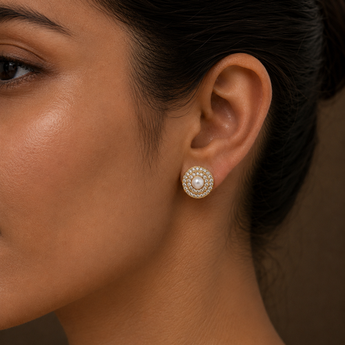 Artistic Freshwater Pearl & CZ Stud Earrings in Gold | Pearl Earrings for Women | Krishna Pearls & Jewellers