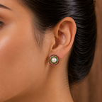 Floral Freshwater Pearl with Multi Stone Stud Earrings in Gold | Pearl Earrings for Women | Krishna Pearls & Jewellers