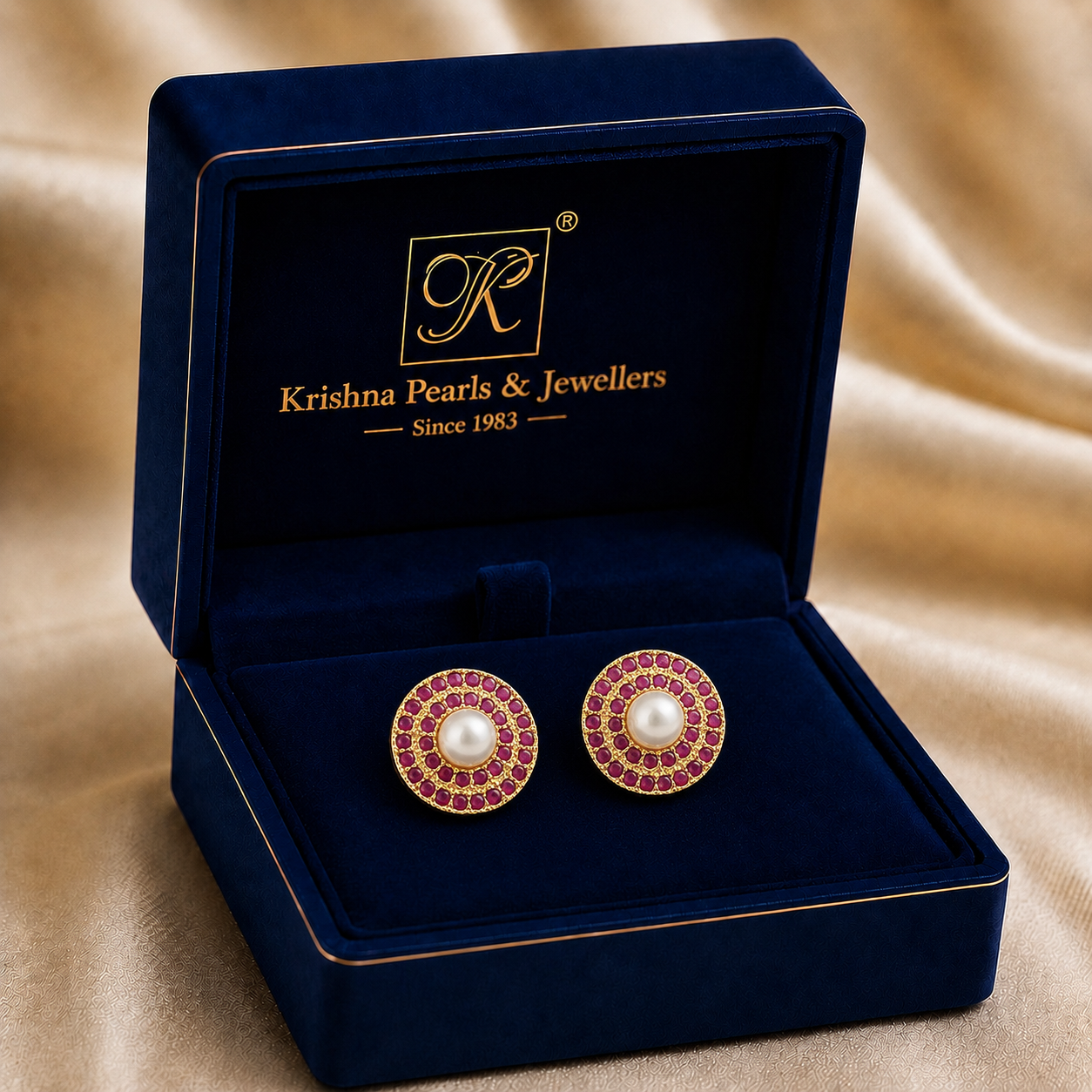 Floral Freshwater Pearl with Red Stone Stud Earrings in Gold | Pearl Earrings for Women | Krishna Pearls & Jewellers