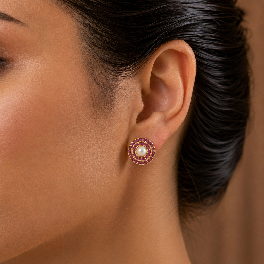 Floral Freshwater Pearl with Red Stone Stud Earrings in Gold | Pearl Earrings for Women | Krishna Pearls & Jewellers