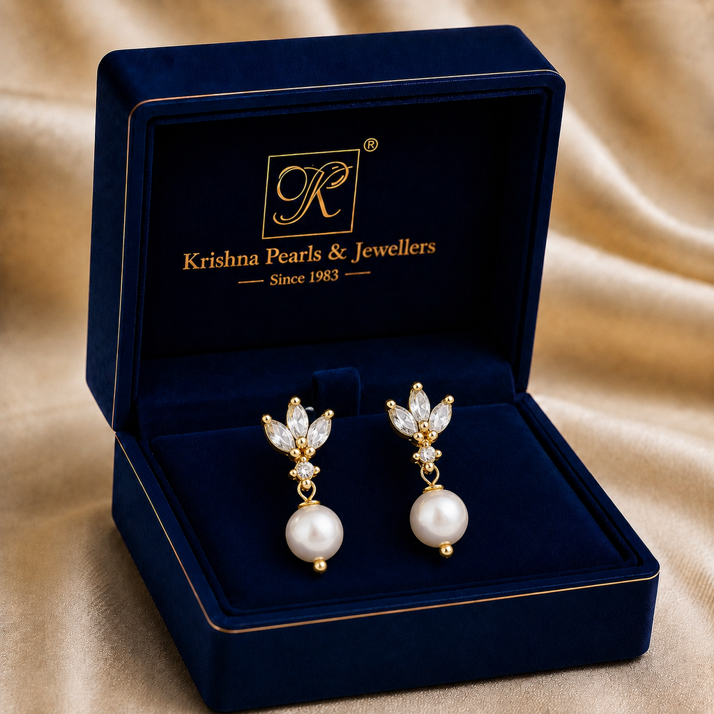 Grand White Pearl & CZ Drop Earrings in Gold | Pearl Earrings for Women | Krishna Pearls & Jewellers