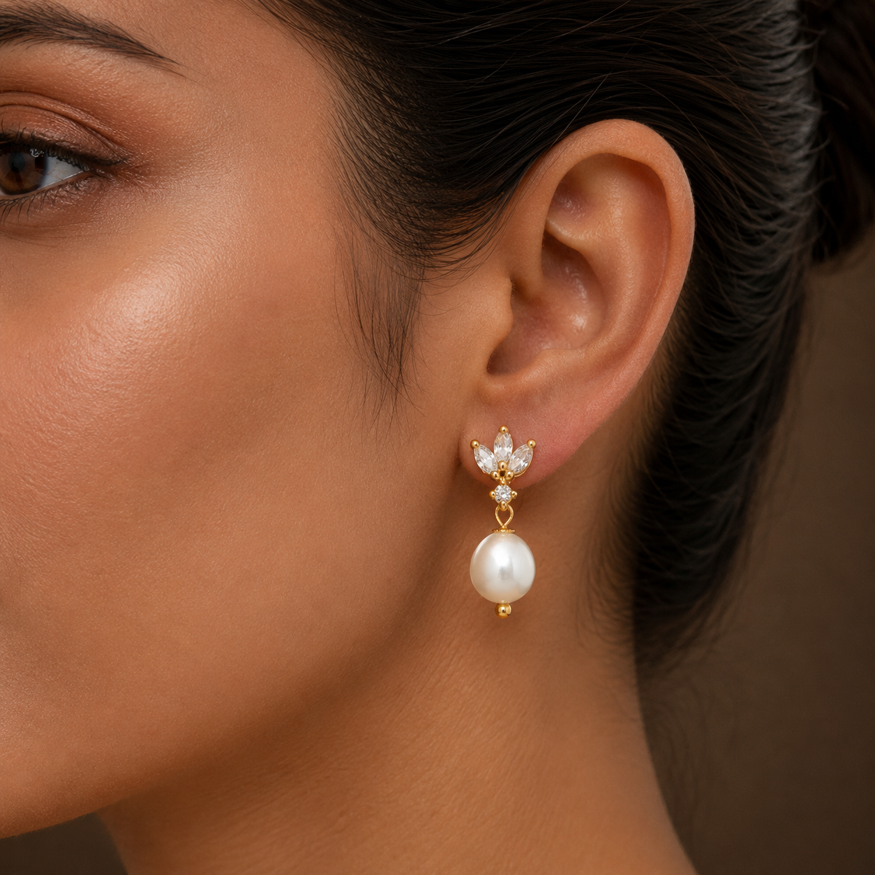Grand White Pearl & CZ Drop Earrings in Gold | Pearl Earrings for Women | Krishna Pearls & Jewellers